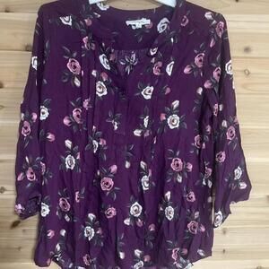 Purple Floral Blouse With Button